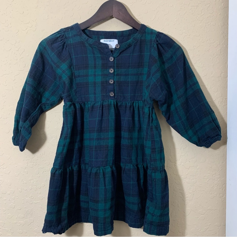 Old Navy Kids Dress Blue Green‎ Black Watch Plaid Flannel Tiered S 6-7